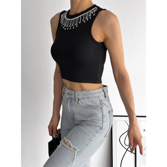 Fitilli Kaşkorse Yakası Zincirli Atlet Siyah