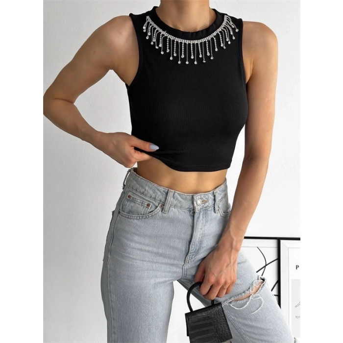 Fitilli Kaşkorse Yakası Zincirli Atlet Siyah