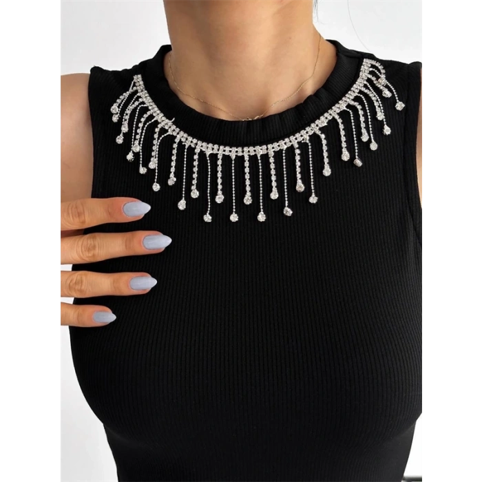 Fitilli Kaşkorse Yakası Zincirli Atlet Siyah