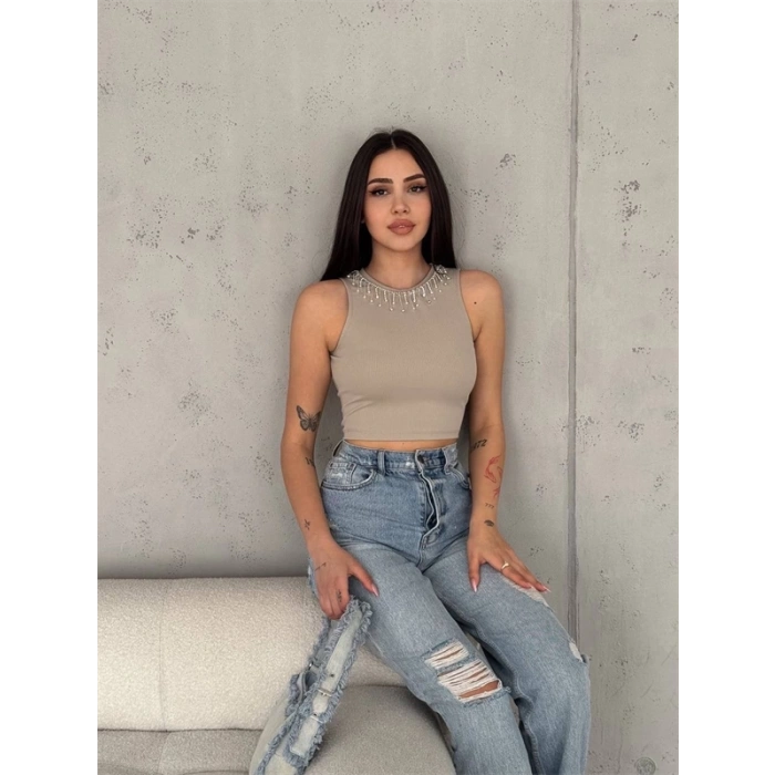 Fitilli Kaşkorse Yakası Zincirli Atlet Vizon