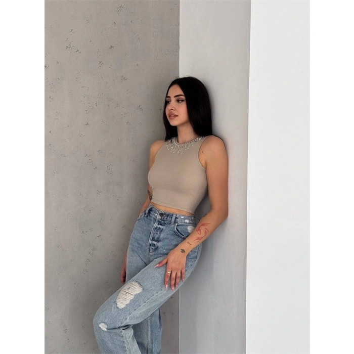 Fitilli Kaşkorse Yakası Zincirli Atlet Vizon