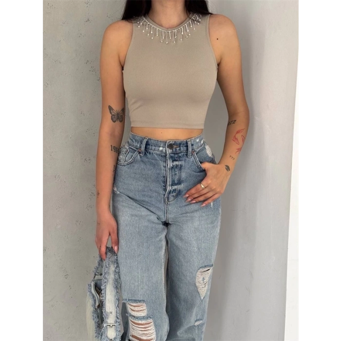 Fitilli Kaşkorse Yakası Zincirli Atlet Vizon