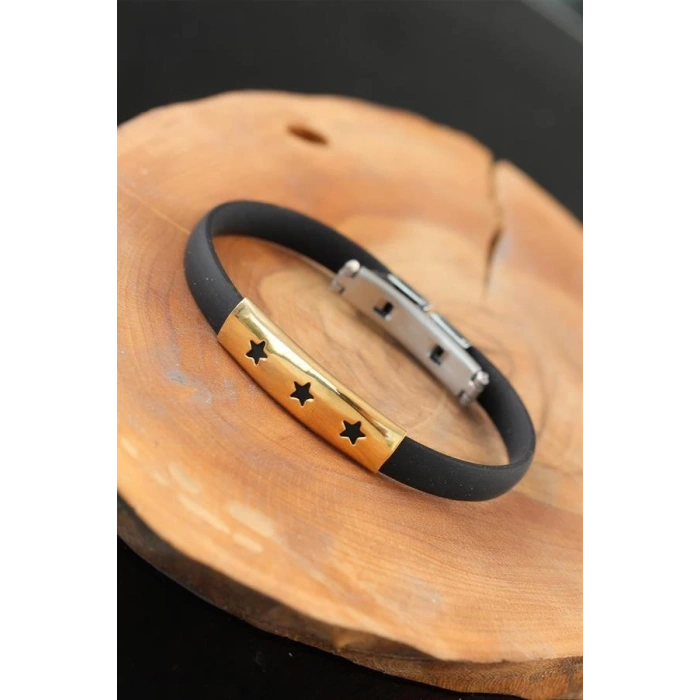 Gold Renk Çelik Yıldızlı Tasarım Siyah Renk Silikon Erkek Bileklik