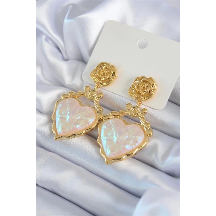 Gold Renk Gül Sallantı Kalp Model Pirinç VİP Kadın Küpe