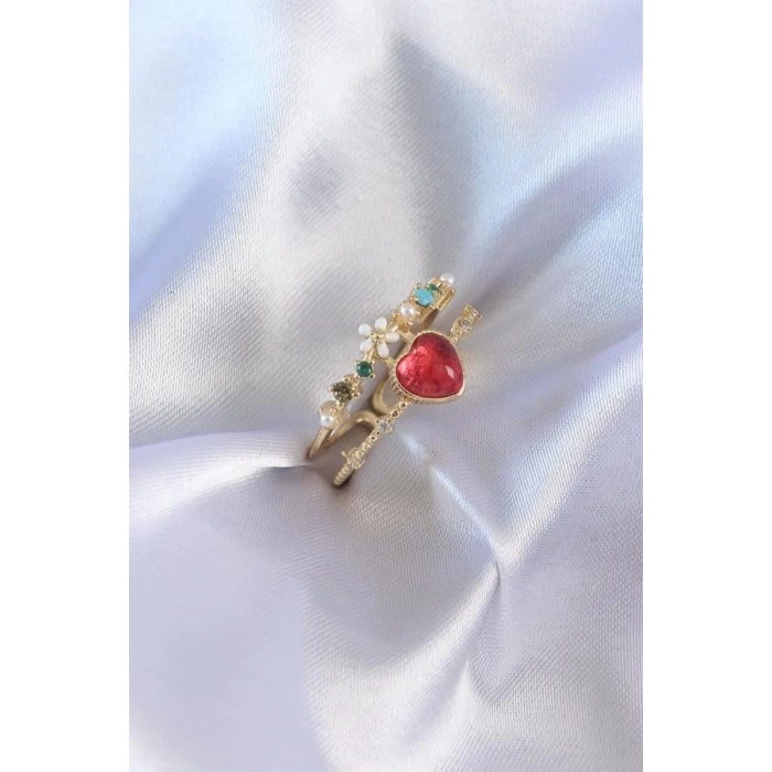 Gold Renk Kırmızı Zirkon Taş Kalp Model Pirinç Kadın Yüzük