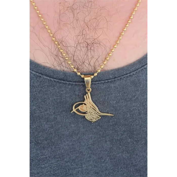 Gold Renk Metal Osmanlı Tuğra Figürlü Erkek Kolye