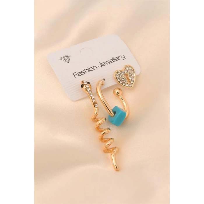 Gold Renk Metal Zirkon Taşlı Yılan ve Kalp Detaylı Küpe Seti