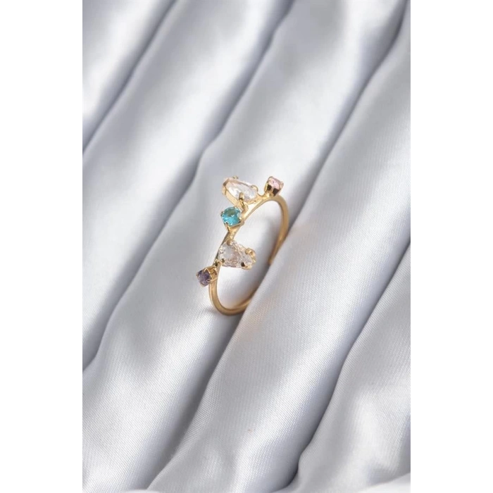 Gold Renk Renkli Zirkon Taşlı Kadın Yüzük