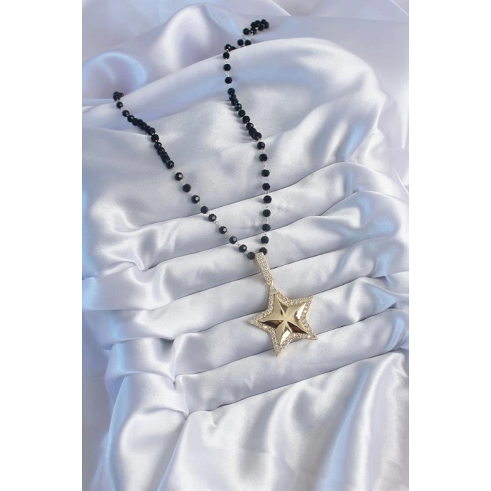 Gold Renk Siyah Boncuk Zirkon Taşlı Yıldız Model VİP Seri Kadın Kolye