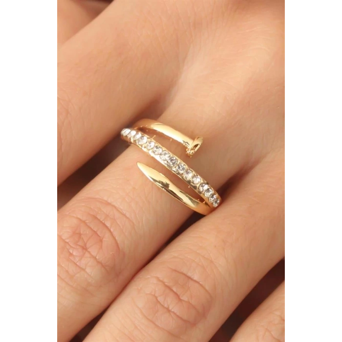 Gold Renk Taşlı Çivi Ayarlanabilir Kadın Yüzük