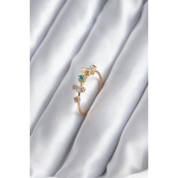 Gold Renk Zirkon Taşlı Renkli Zirkon Taşlı Kadın Yüzük