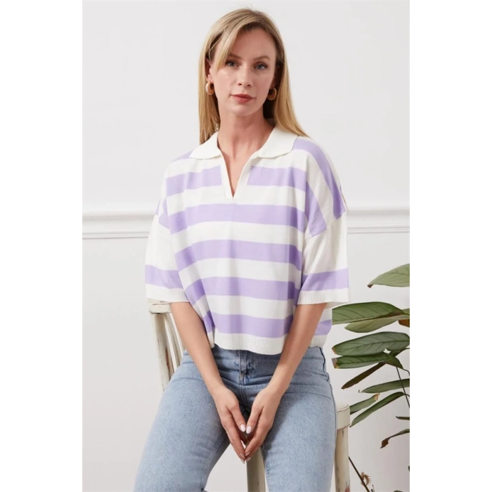 Gömlek yaka çizgili triko tişört
