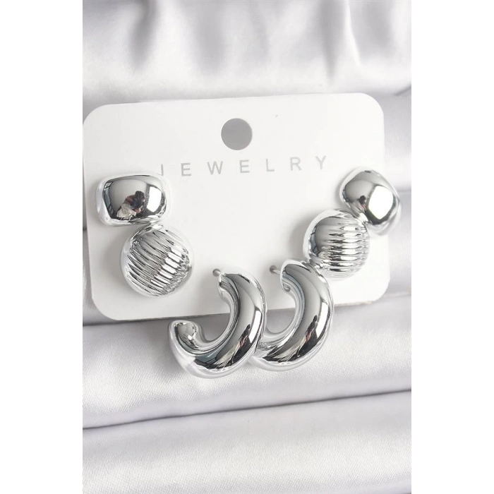 Gümüş Renk İşlemeli Daire Halka Model CCB Platik Kadın Küpe Seti