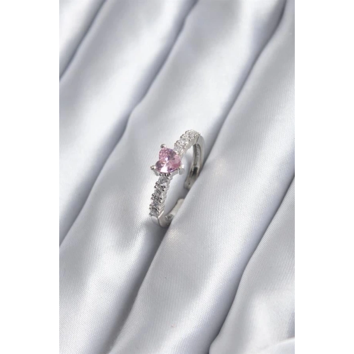 Gümüş Renk Zirkon Taşlı Pembe Kristal Kalp Model Kadın Yüzük