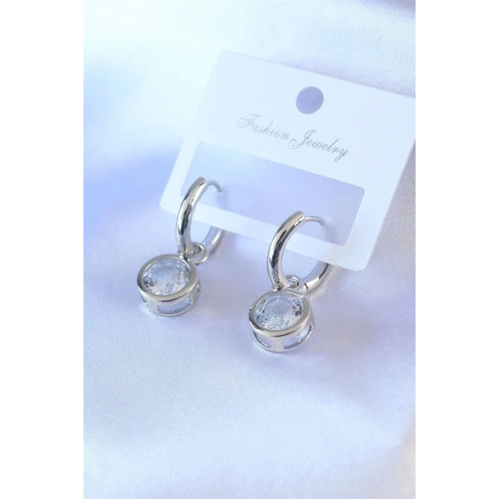 Gümüş Renk Zirkon Taşlı Pirinç Kadın Küpe