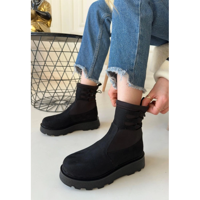 Jety Siyah Süet Bilekten Bağcıklı Bot