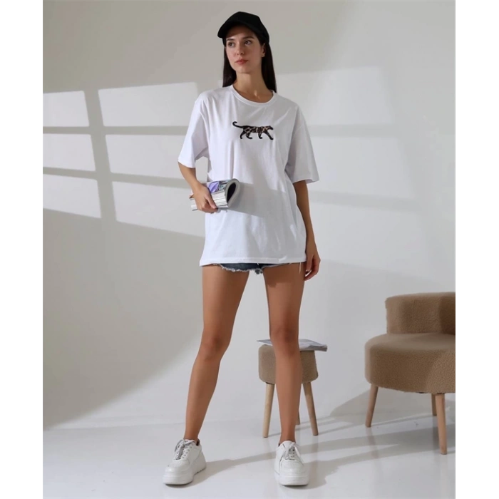 Kaplan nakış işlemeli Oversize Kadın T-Shirt