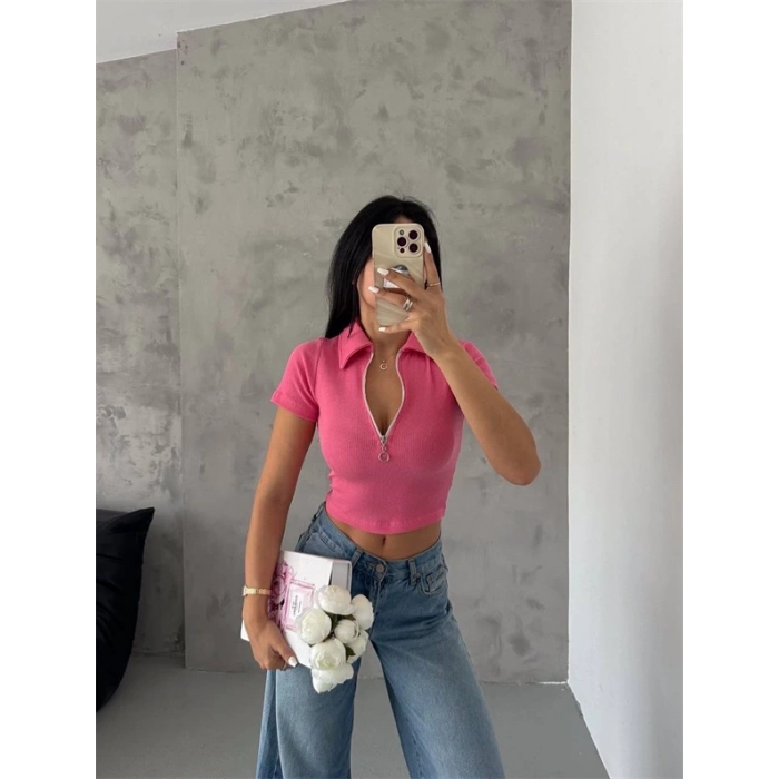 Kaşkorse Yaka Fermuarlı Bluz Fuşya