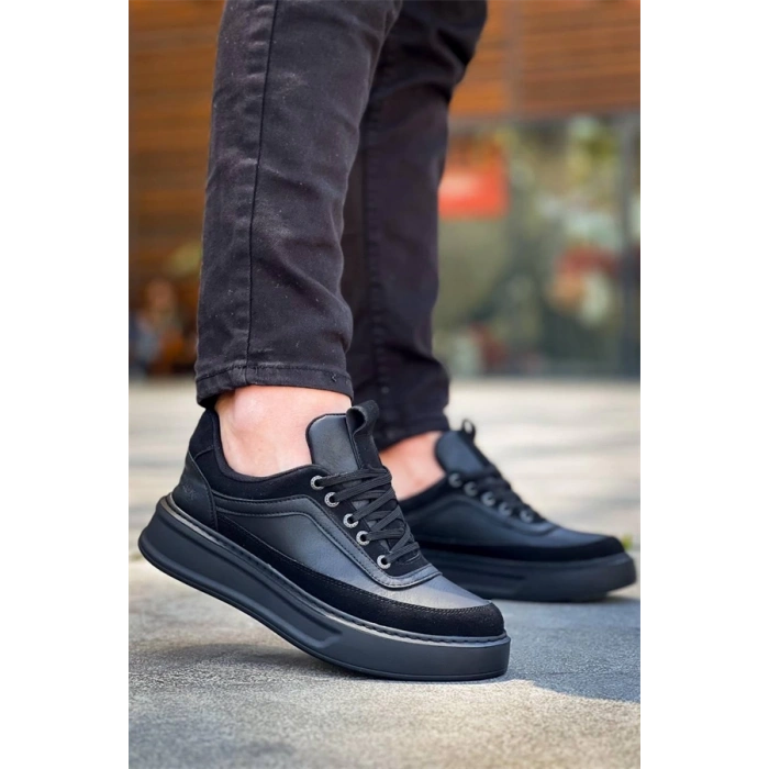 Kb-006 Kuback Siyah Cilt Siyah Yüksek Taban Bağcıklı Günlük Erkek Ayakkabı