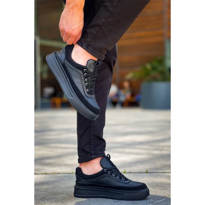 Kb-006 Kuback Siyah Cilt Siyah Yüksek Taban Bağcıklı Günlük Erkek Ayakkabı