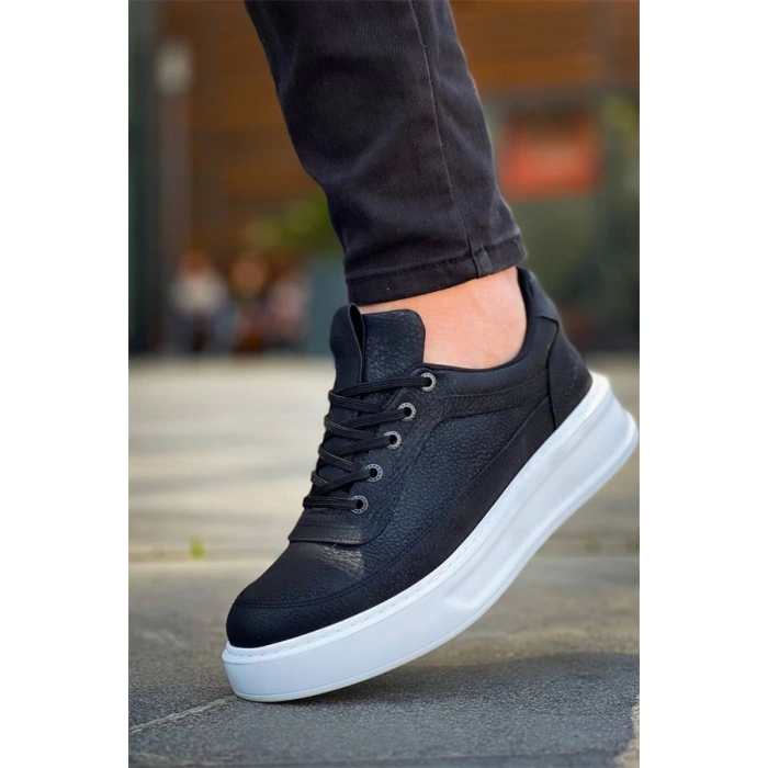 Kb-006 Kuback Siyah Cilt Yüksek Taban Bağcıklı Günlük Erkek Ayakkabı