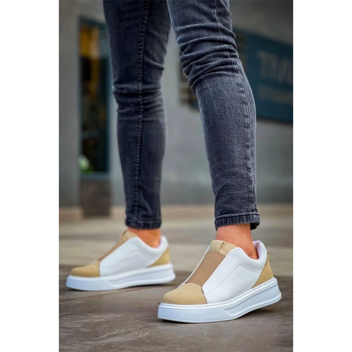 Kb-007  Kuback  Beyaz Bej Yüksek Taban Tek Bant Bağcıksız Günlük Erkek Ayakkabı