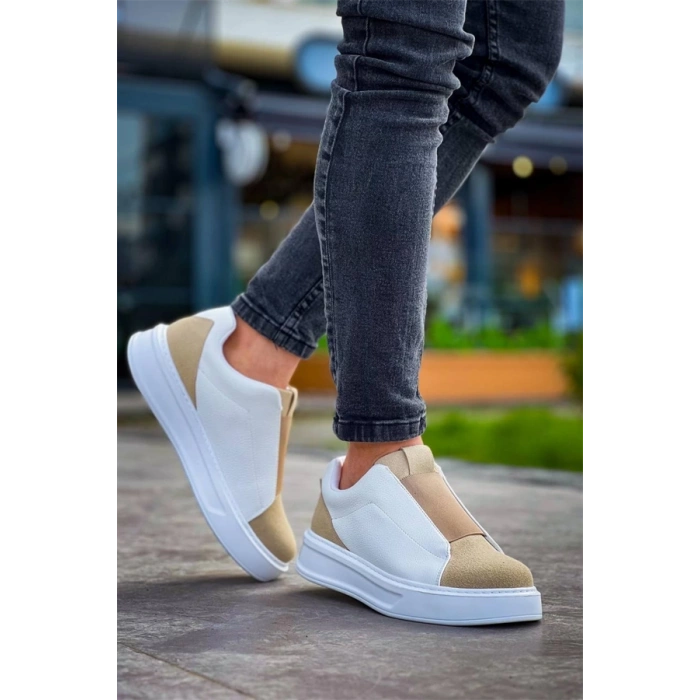 Kb-007  Kuback  Beyaz Bej Yüksek Taban Tek Bant Bağcıksız Günlük Erkek Ayakkabı