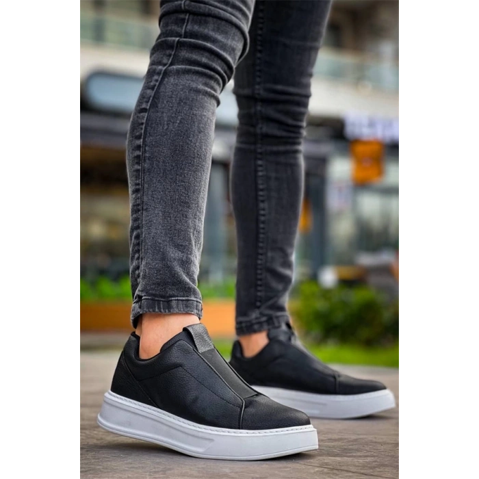 Kb-007  Kuback Siyah Beyaz Yüksek Taban Tek Bant Bağcıksız Günlük Erkek Ayakkabı