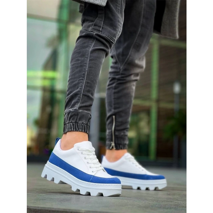 KB-056 Kuback Beyaz Mavi Detaylı Beyaz Yüksek Taban Günlük Spor Ayakkabı