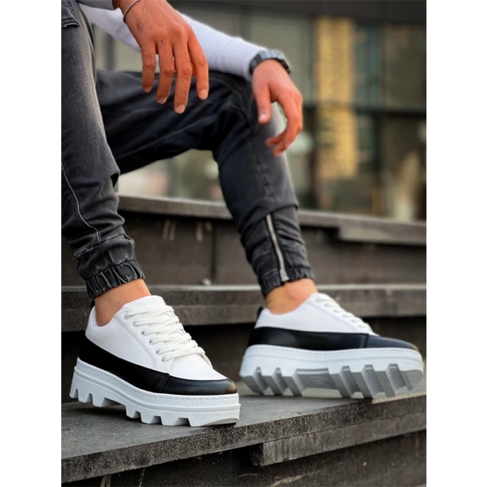 Kb-056 Kuback Beyaz Siyah Detaylı Beyaz Yüksek Taban Günlük Spor Ayakkabı