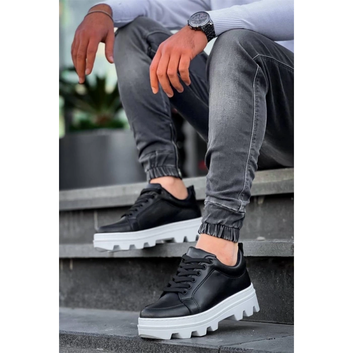Kb-056 Kuback Siyah Cilt Beyaz Yüksek Taban Günlük Spor Ayakkabı