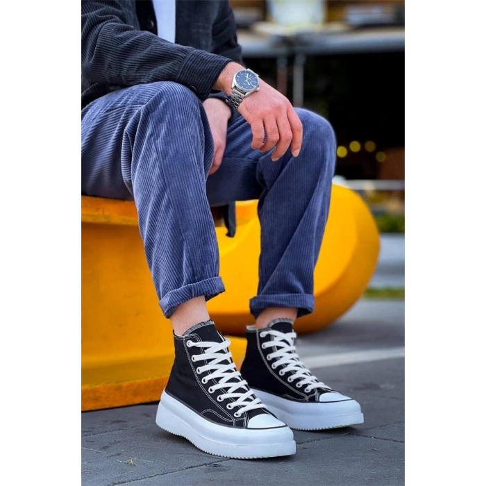 Kb-Cx-3 Kuback Uzun Siyah Keten Beyaz Yüksek Taban Spor Ayakkabı