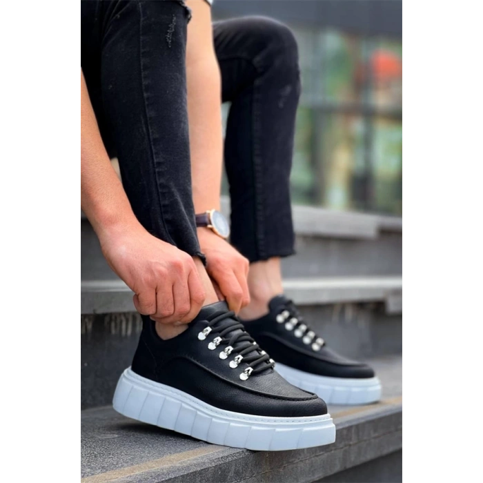 KB-X10 Kuback Siyah Cilt  Beyaz Yüksek Taban Günlük Spor Ayakkabı