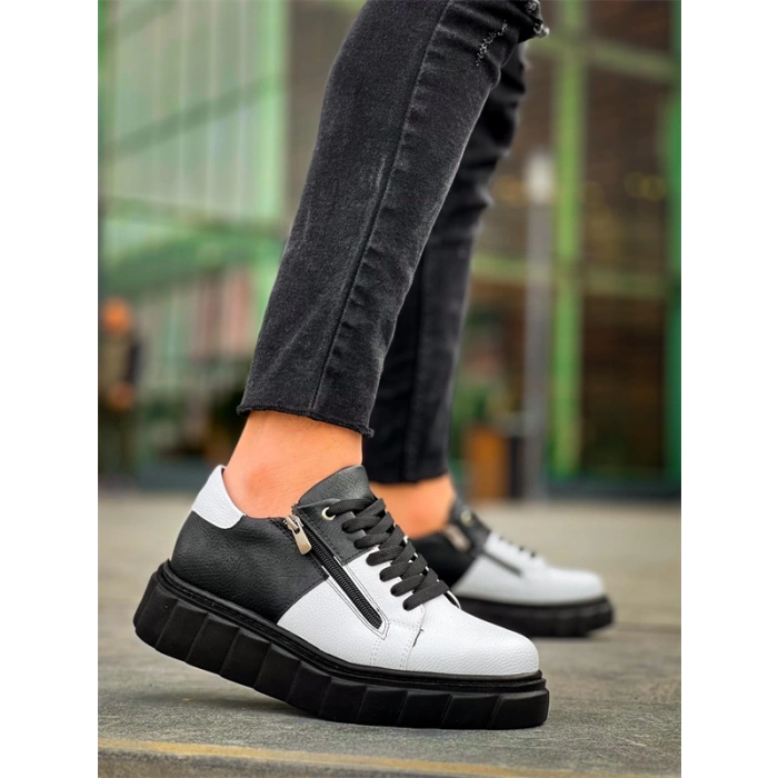 KB-X155 Kuback Beyaz Cilt Siyah Cilt Detaylı Siyah Yüksek Taban Günlük Spor Ayakkabı