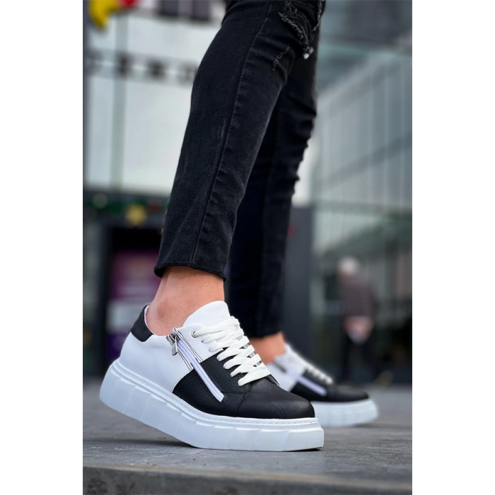 KB-X155 Kuback Siyah Cilt Beyaz Cilt Detaylı Beyaz Yüksek Taban Günlük Spor Ayakkabı