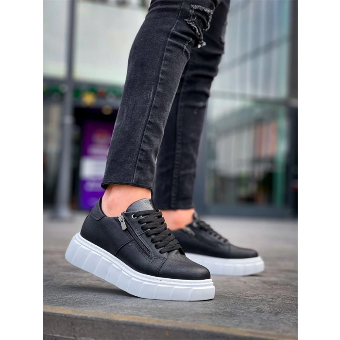 KB-X155 Kuback Siyah Cilt Detaylı Beyaz Yüksek Taban Günlük Spor Ayakkabı