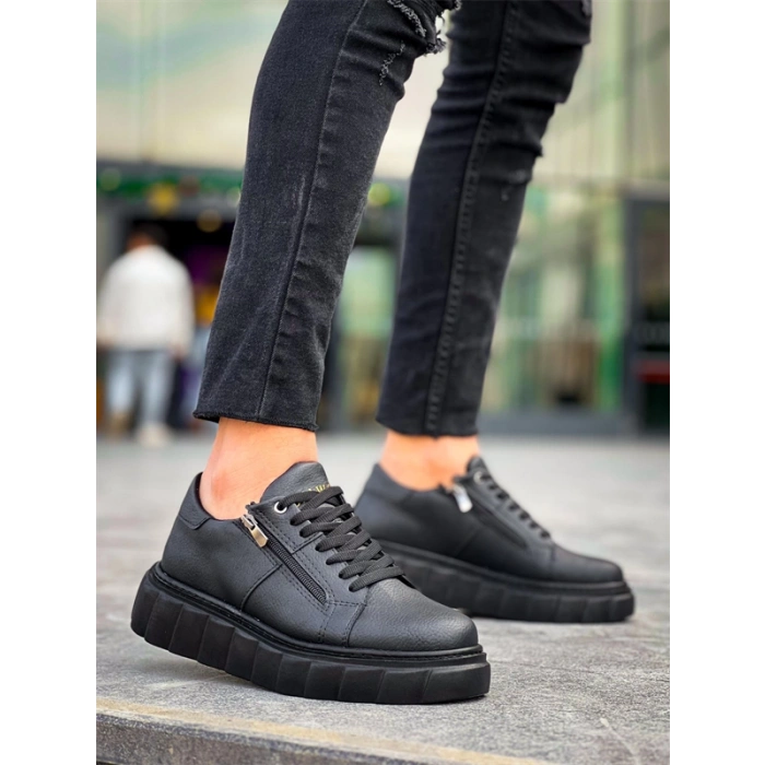 KB-X155 Kuback Siyah Cilt Detaylı Siyah Yüksek Taban Günlük Spor Ayakkabı
