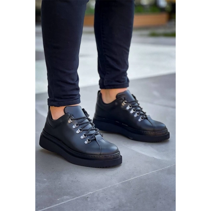 Kb-X4  Kuback Siyah Cilt Siyah Yüksek Taban Bağcıklı Günlük Erkek Ayakkabı