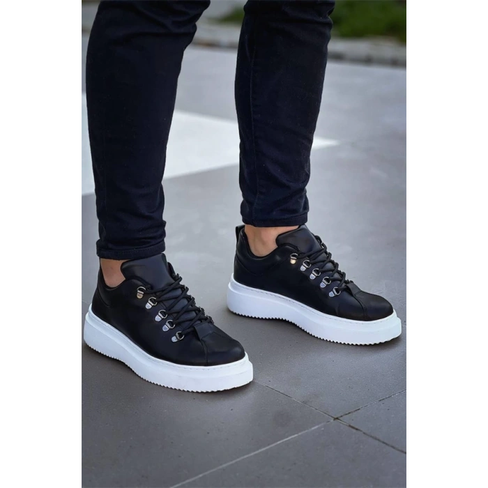 Kb-X4  Kuback Siyah Cilt Yüksek Taban Bağcıklı Günlük Erkek Ayakkabı