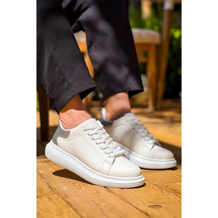 Kb-X500  Kuback Beyaz Gümüş Yüksek Taban Bağcıklı Günlük Erkek Ayakkabı