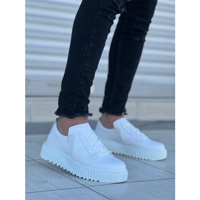 Kb-X502  Kuback Beyaz Cilt Yüksek Beyaz Taban Bağcık Detaylı Lastikli Günlük Erkek Ayakkabı