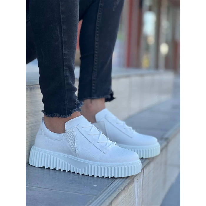 Kb-X502  Kuback Beyaz Cilt Yüksek Beyaz Taban Bağcık Detaylı Lastikli Günlük Erkek Ayakkabı