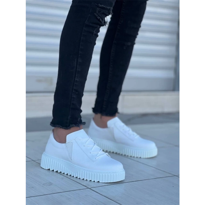 Kb-X502  Kuback Beyaz Cilt Yüksek Beyaz Taban Bağcık Detaylı Lastikli Günlük Erkek Ayakkabı