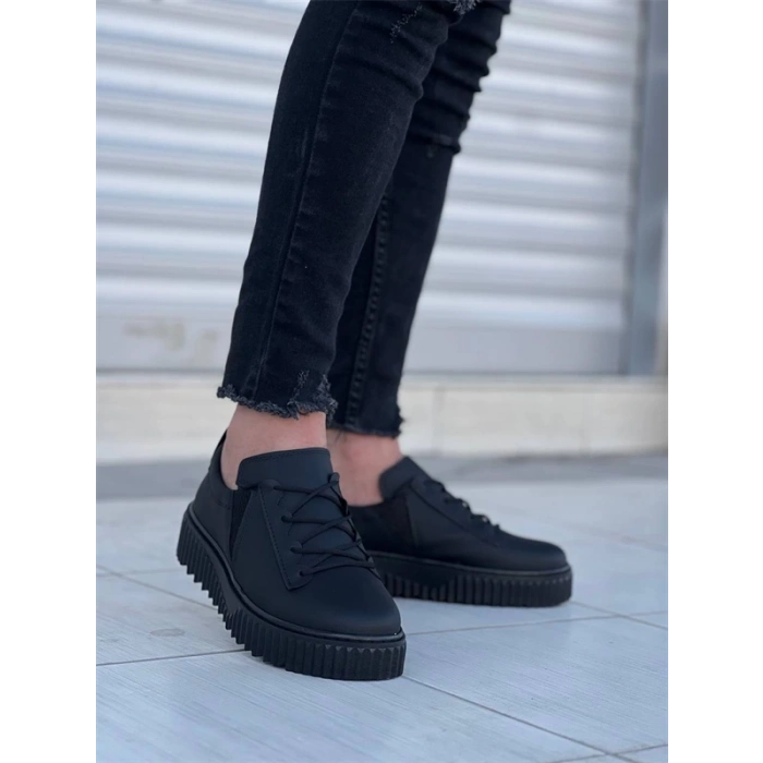 Kb-X502  Kuback Siyah Cilt Yüksek Siyah Taban Bağcık Detaylı Lastikli Günlük Erkek Ayakkabı