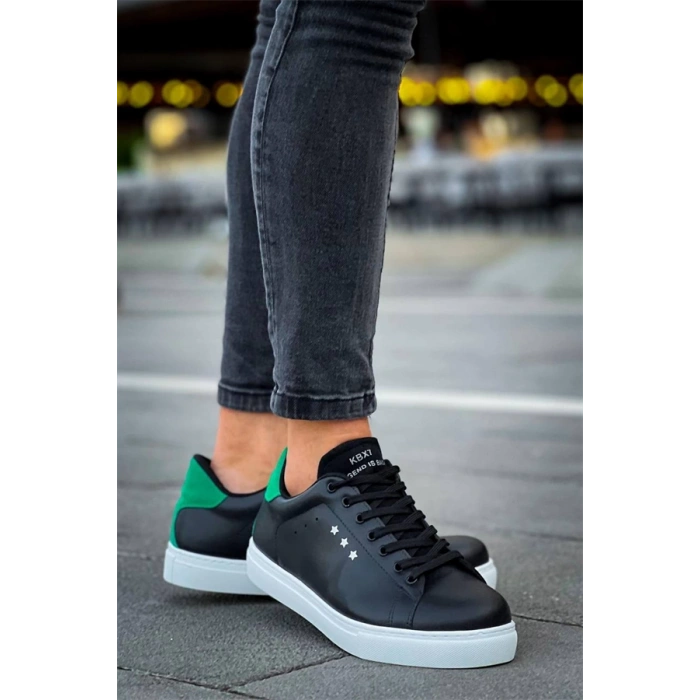 Kb-X7  Kuback Siyah Yeşil Yüksek Beyaz Taban Bağcıklı Günlük Erkek Ayakkabı