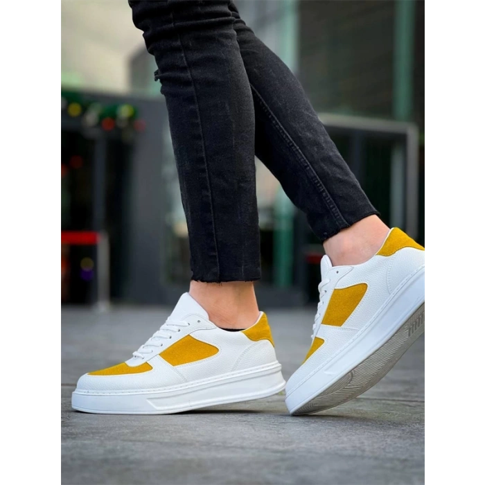 KB-X8 Kuback Beyaz Cilt Sarı Süet Detaylı Beyaz Yüksek Taban Günlük Spor Ayakkabı