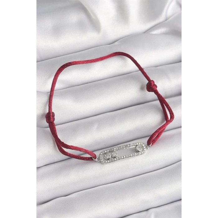 Kırmızı İpli Asansörlü Zirkon Taşlı Gümüş Messika Model Kadın Bileklik