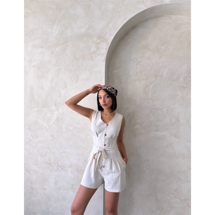 Kuşaklı şortlu tulum