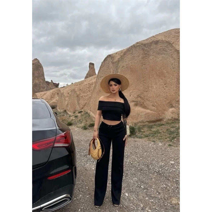 Madonna yaka bol paça pantolonlu takım