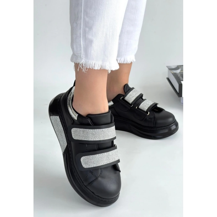 Nino Siyah Cilt Simli Cırt Cırtlı Spor Ayakkabı